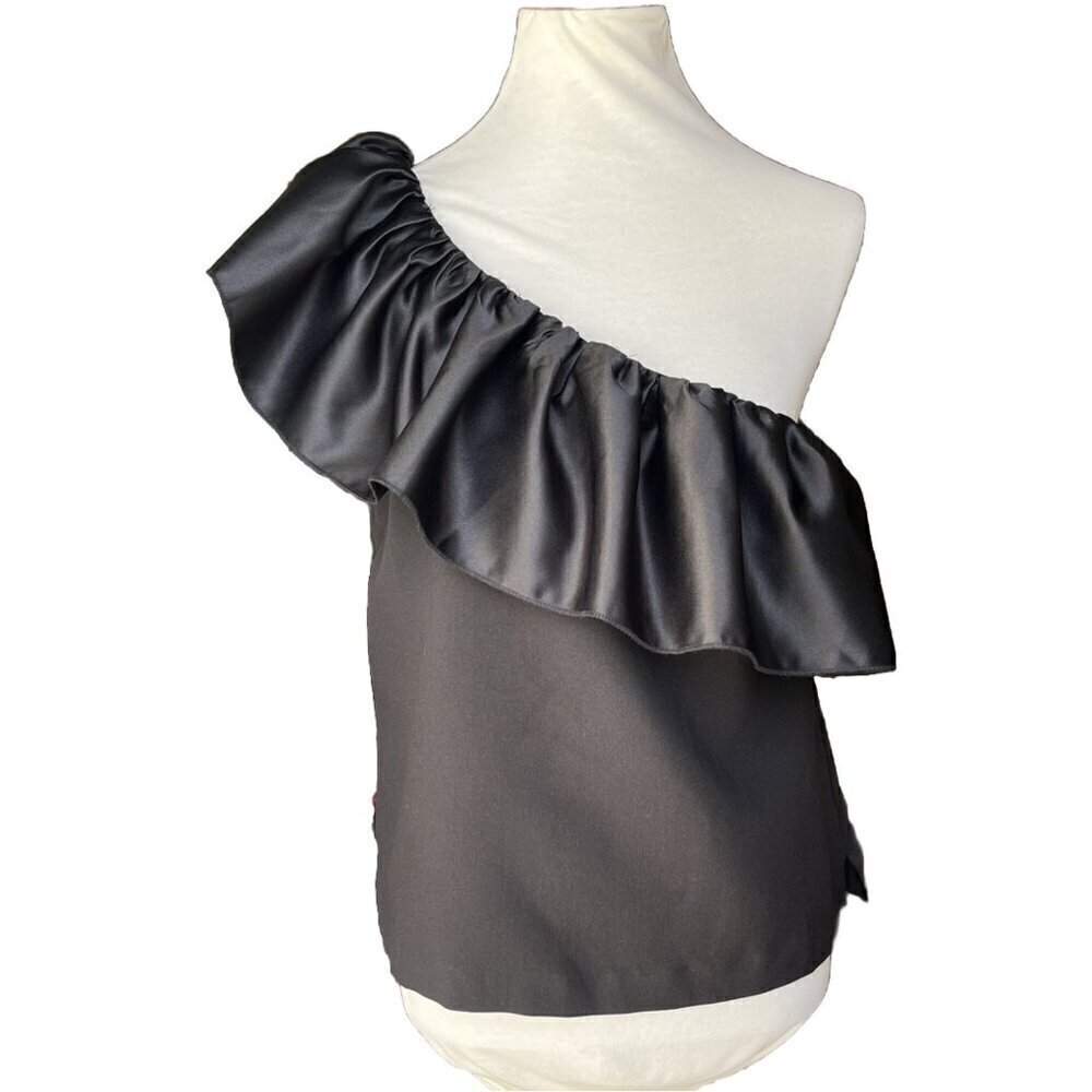 Endless Rose Womens Black One Shoulder Satin Ruffle Top Size L - Picture 8 of 9